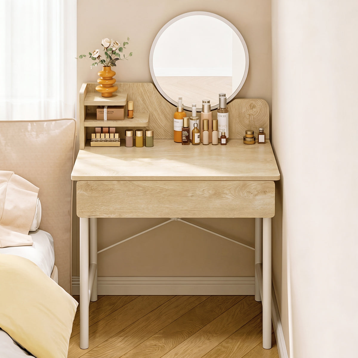 Luxe LED White Makeup Vanity Dressing Table with Mirror & Drawer (Coastal Oak)