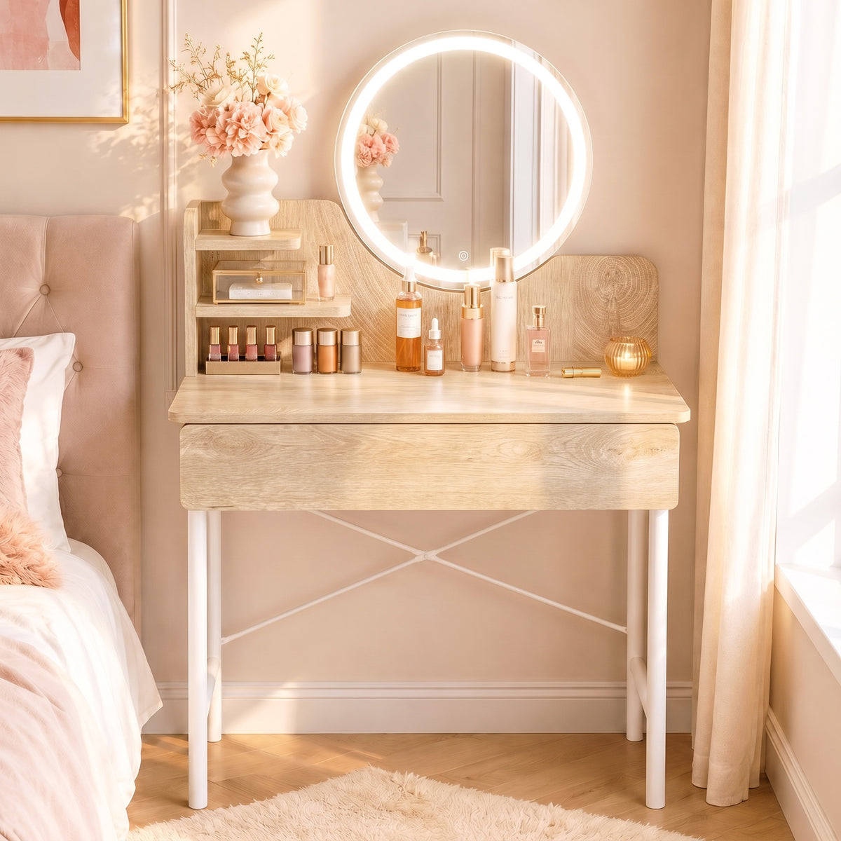 Luxe LED White Makeup Vanity Dressing Table with Mirror & Drawer (Coastal Oak)