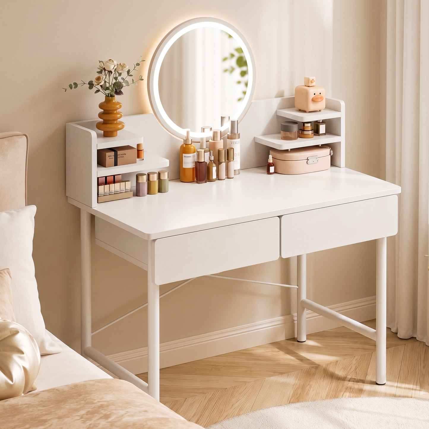 Luxe LED White Makeup Vanity Dressing Table Mirror Drawers Shelves