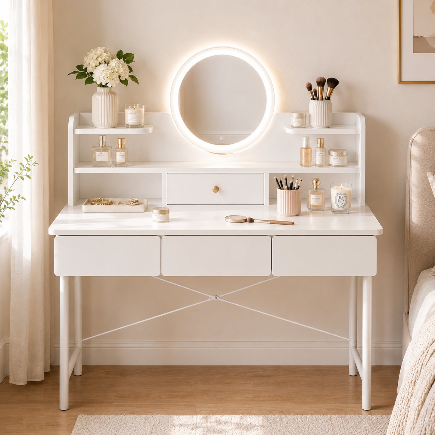 Luxe LED Large Dressing Table LED Mirror Makeup Vanity Drawers Stool Set
