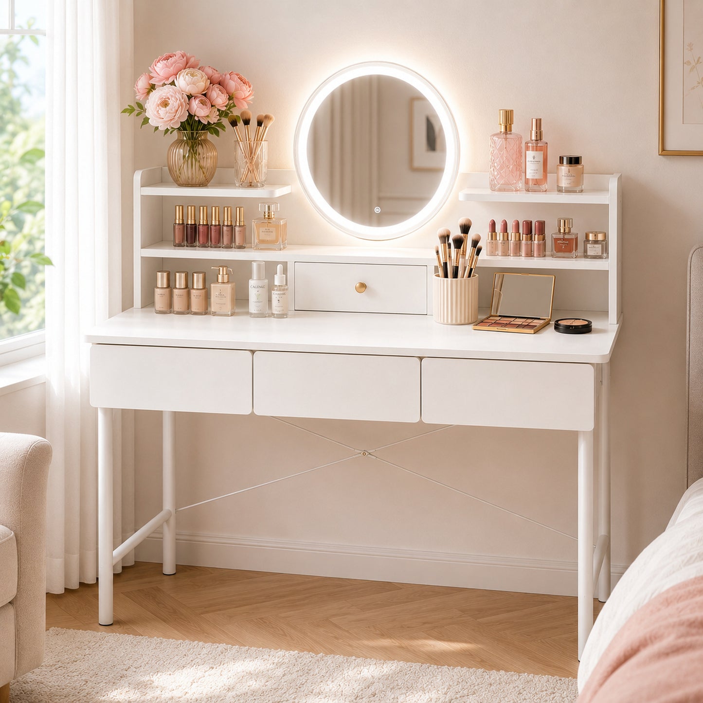 Luxe LED Large Dressing Table LED Mirror Makeup Vanity Drawers Stool Set