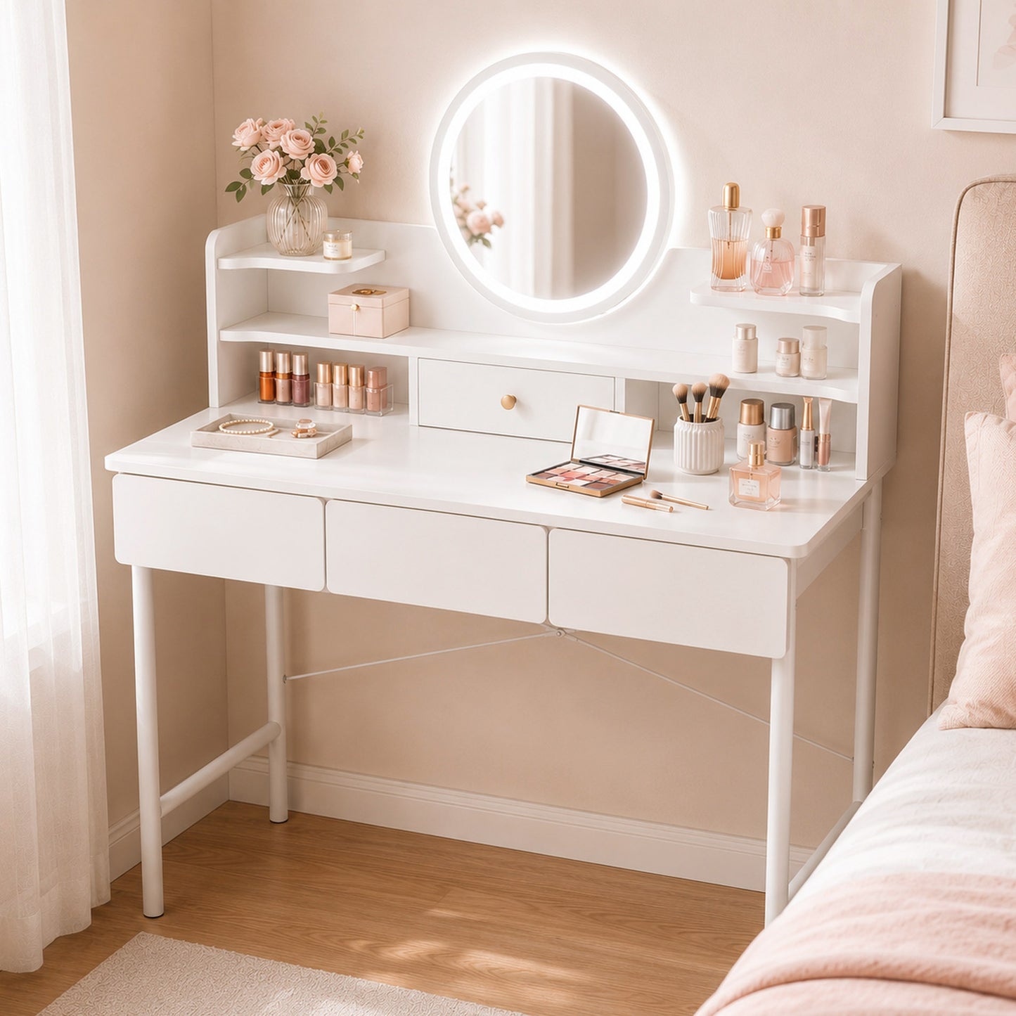 Luxe LED Large Dressing Table LED Mirror Makeup Vanity Drawers Stool Set