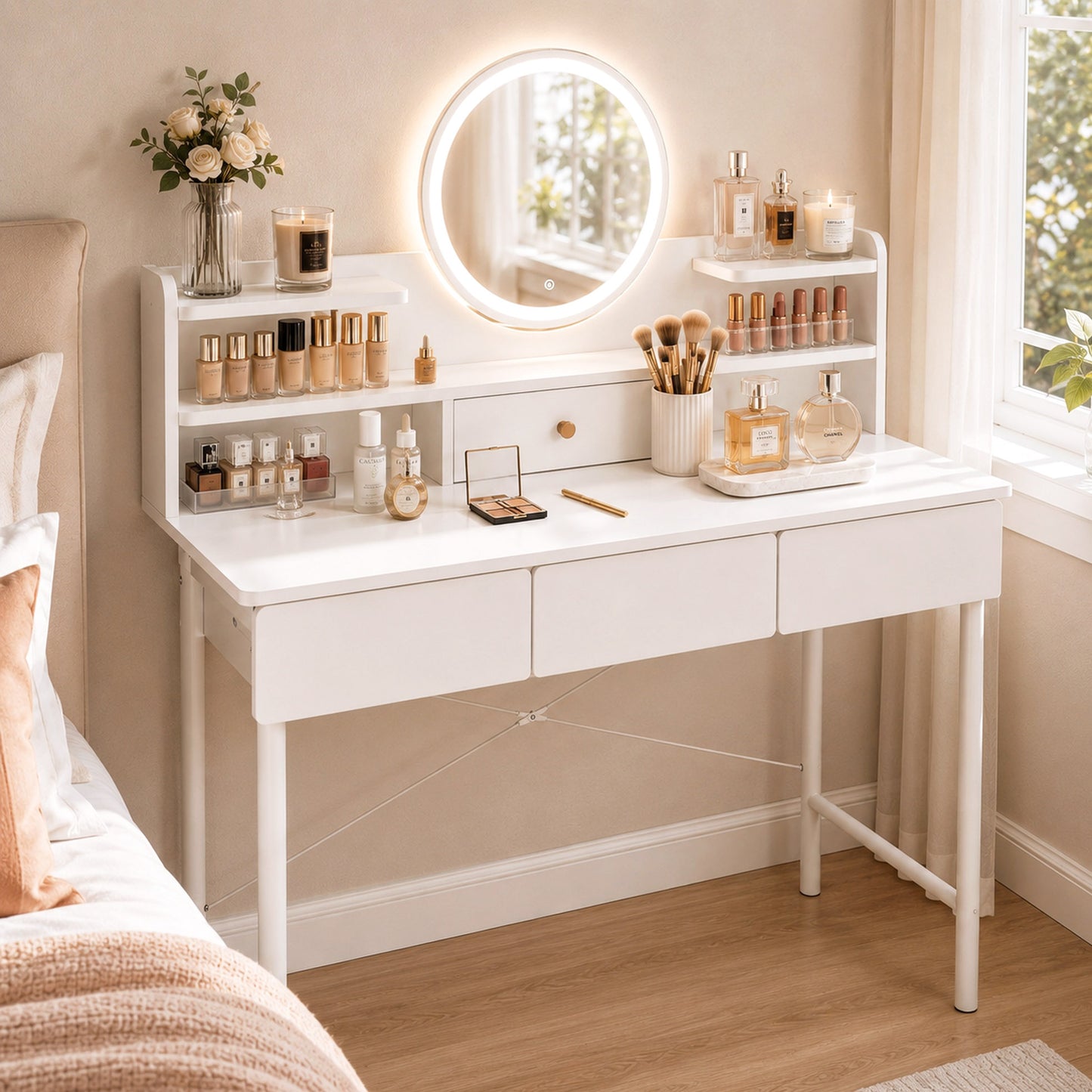 Luxe LED Large White Makeup Vanity Dressing Table Mirror Drawers Shelves