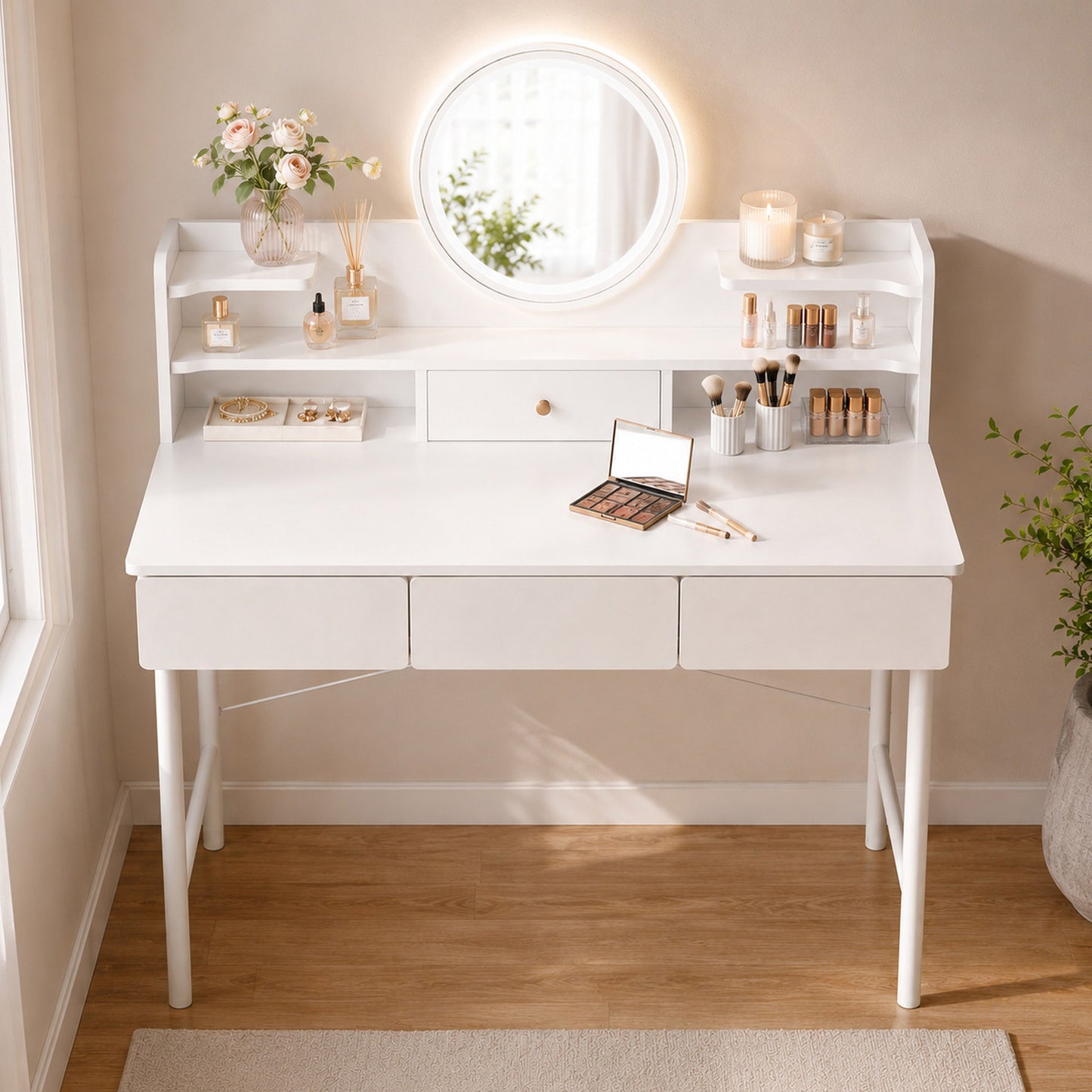 Luxe LED Large Dressing Table LED Mirror Makeup Vanity Drawers Stool Set