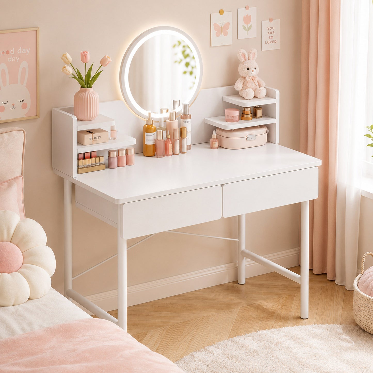 Luxe LED White Makeup Vanity Dressing Table Mirror Drawers Shelves