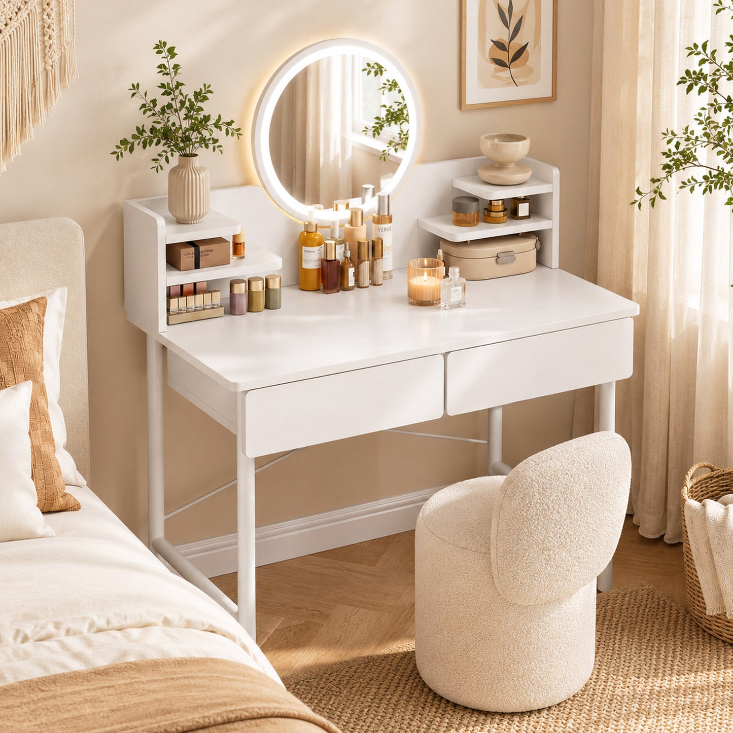 Luxe LED White Makeup Vanity Dressing Table Mirror Drawers Shelves