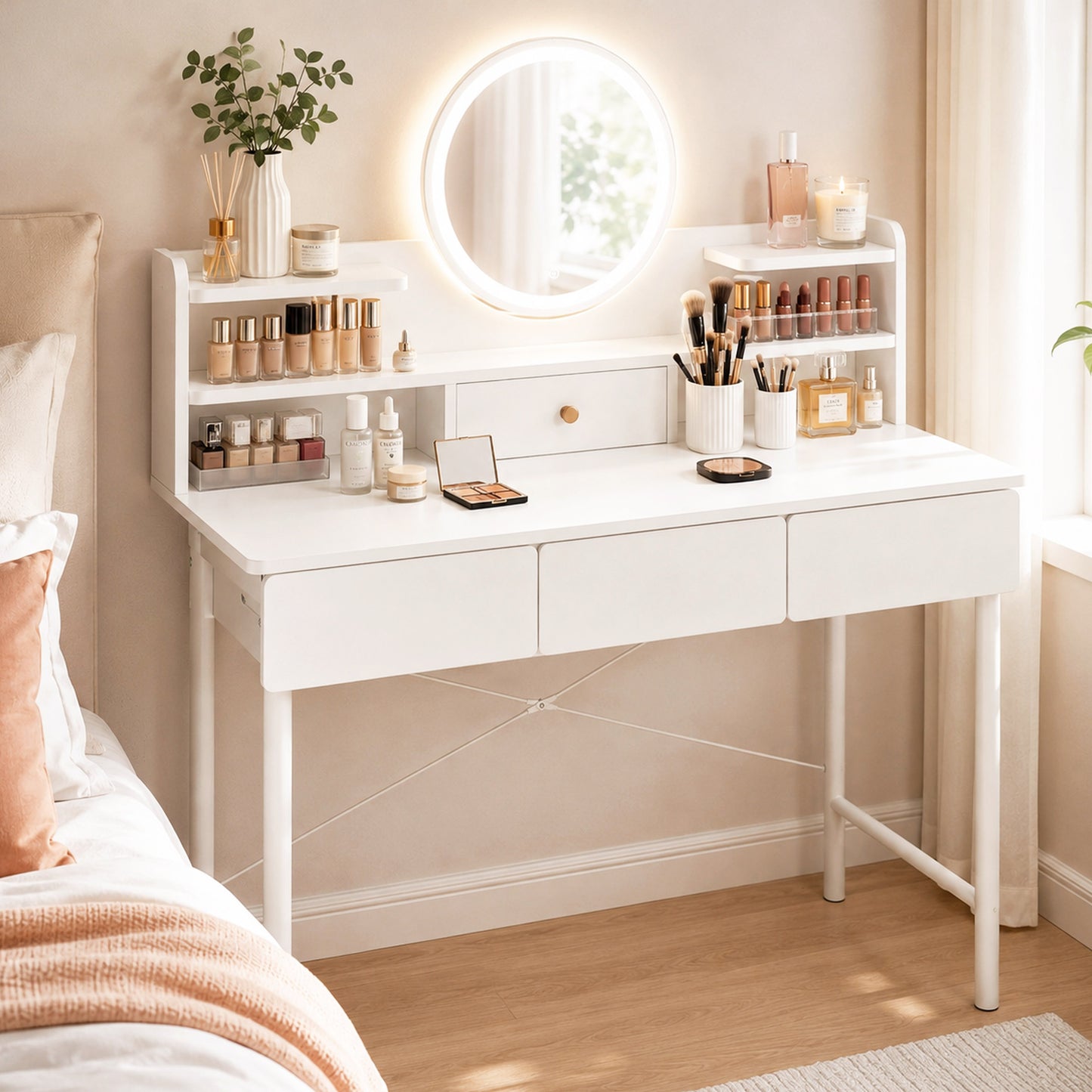 Luxe LED Large Dressing Table LED Mirror Makeup Vanity Drawers Stool Set