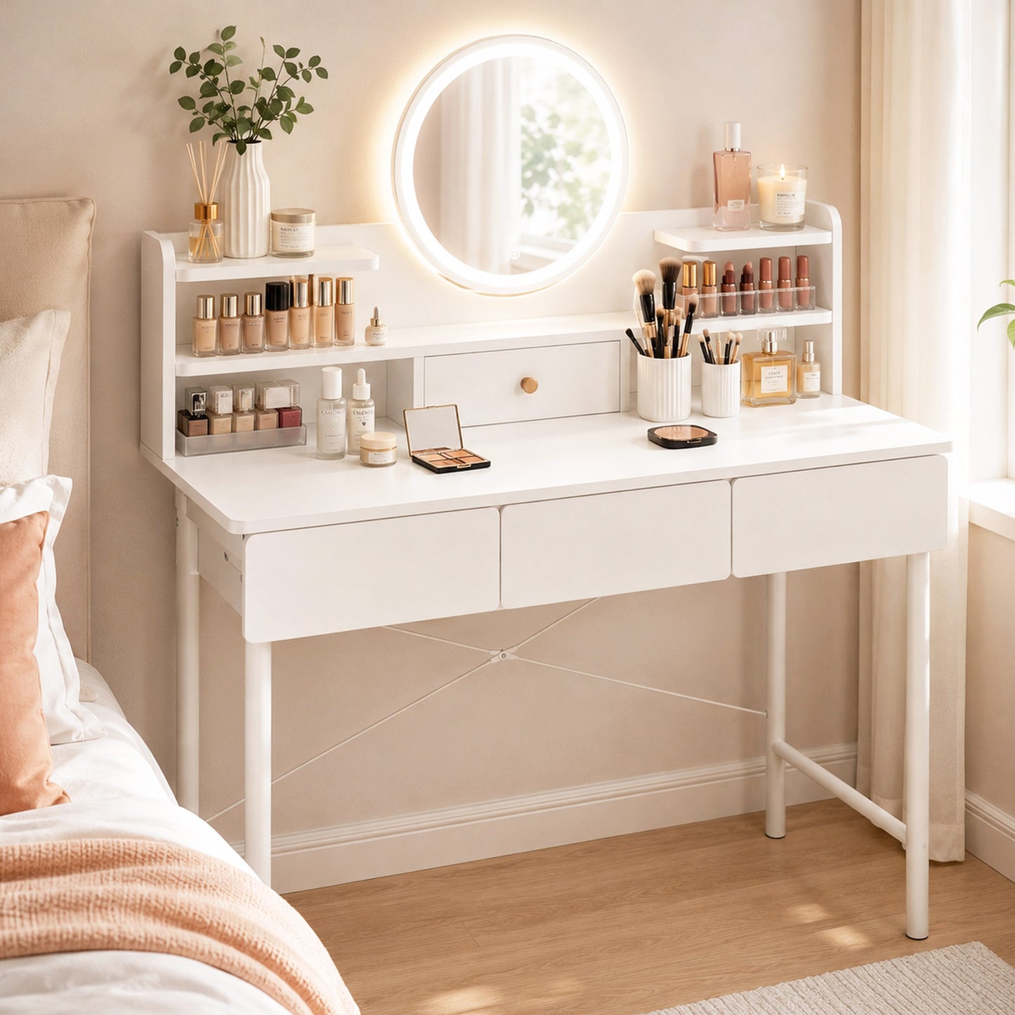 Luxe LED Large White Makeup Vanity Dressing Table Mirror Drawers Shelves