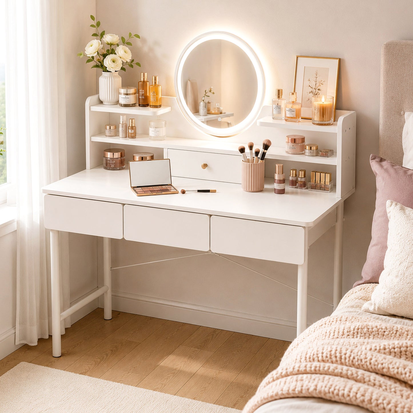 Luxe LED Large White Makeup Vanity Dressing Table Mirror Drawers Shelves