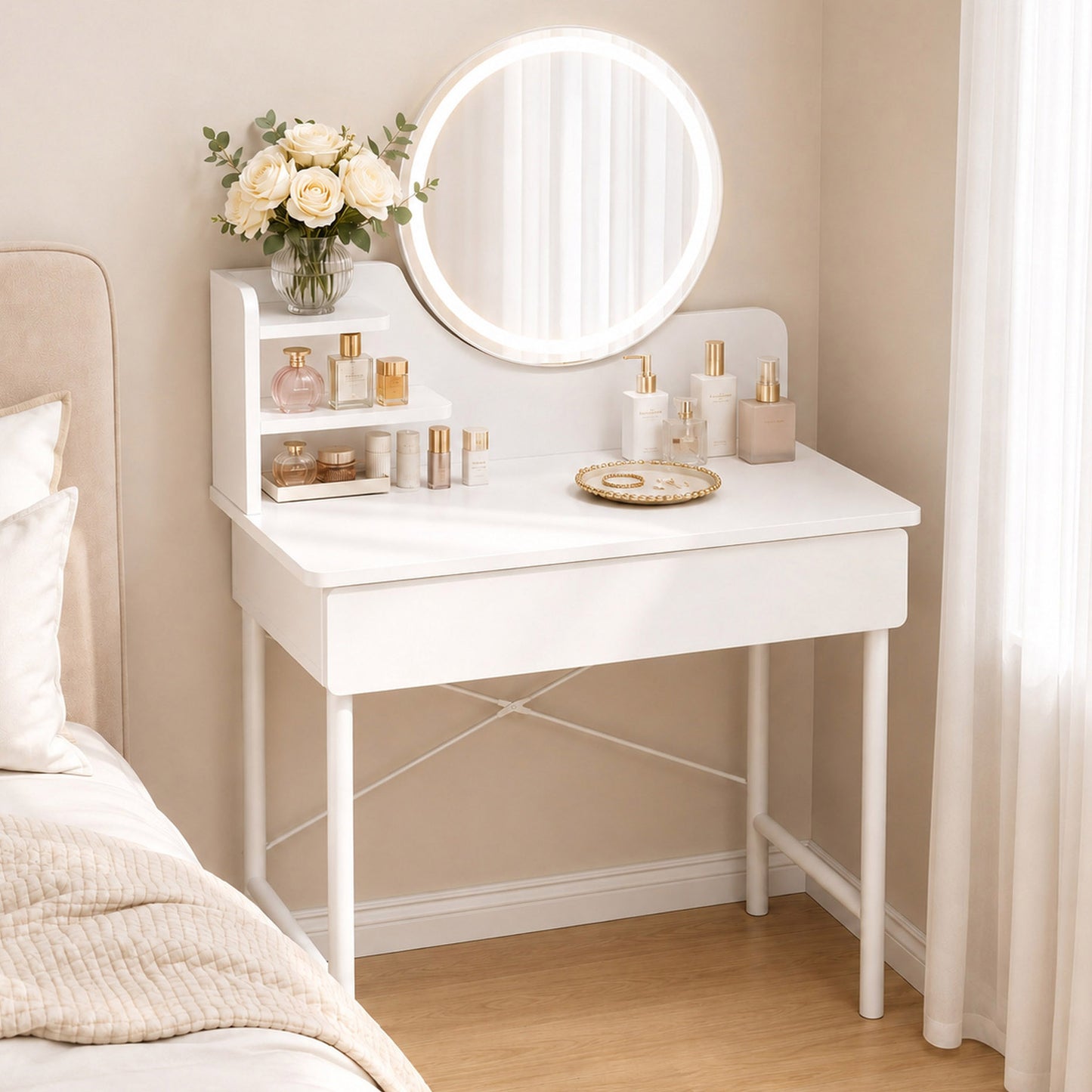 Luxe LED White Makeup Vanity Dressing Table with Mirror & Drawer