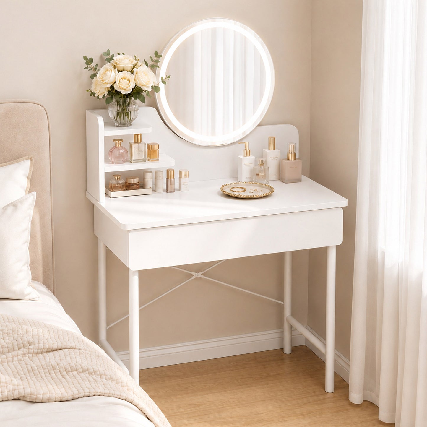 Luxe LED White Makeup Vanity Dressing Table Mirror Storage Shelves