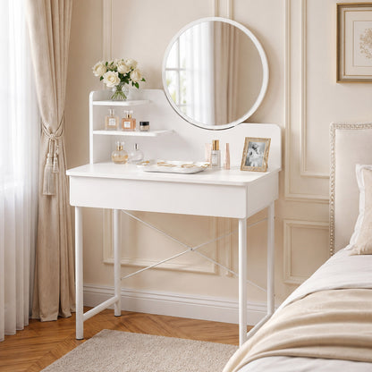 Luxe White Makeup Vanity Dressing Table Mirror Storage Shelves