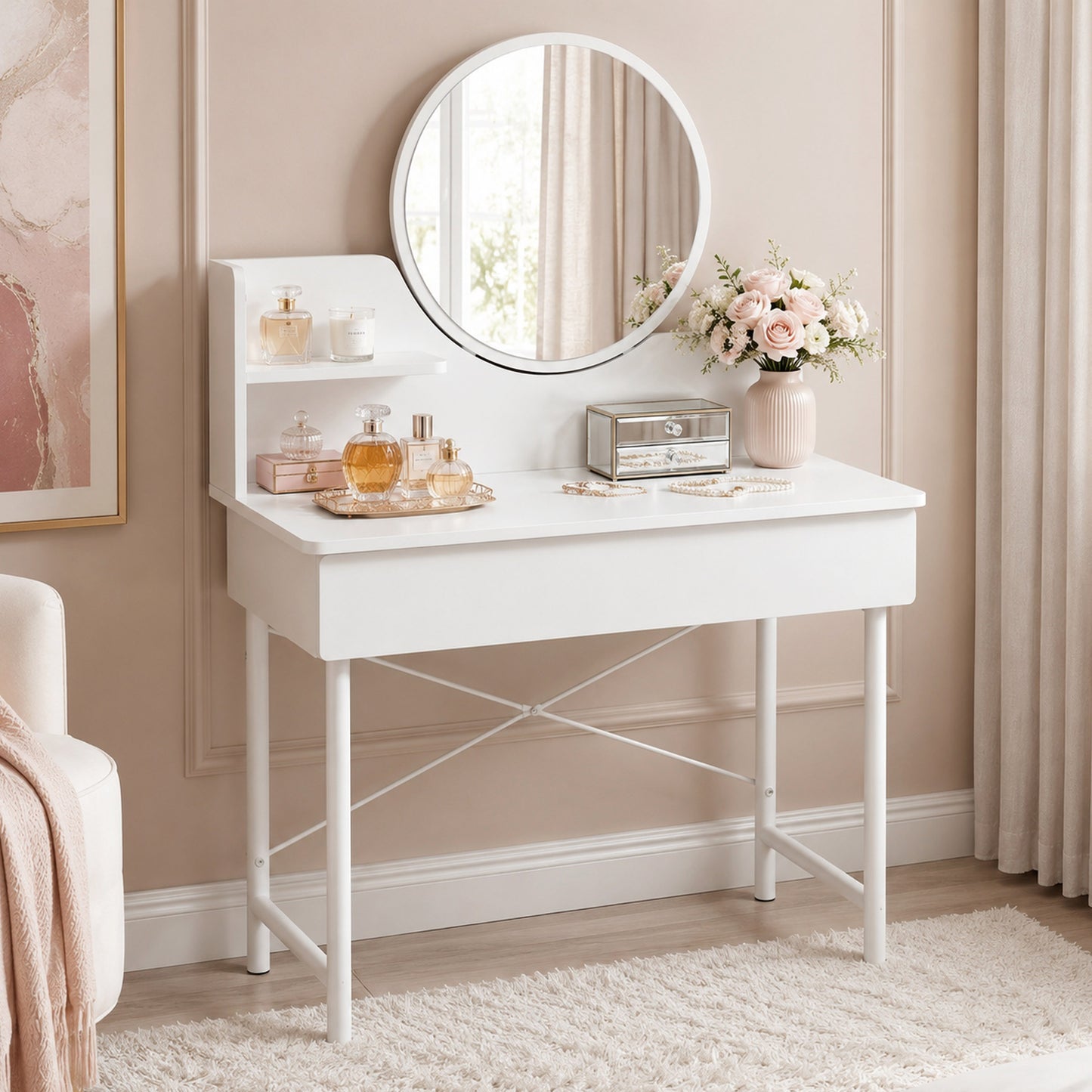 Luxe White Makeup Vanity Dressing Table Mirror Storage Shelves