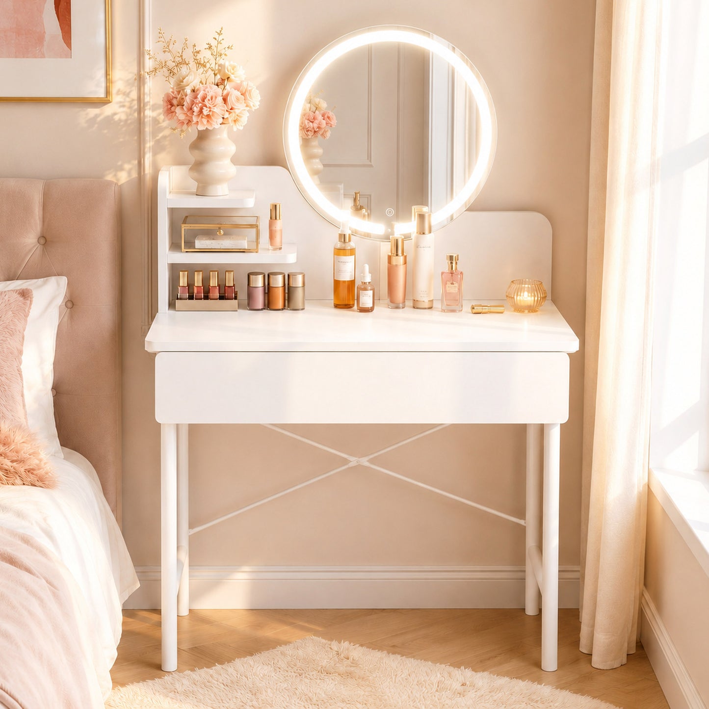 Luxe LED White Makeup Vanity Dressing Table Mirror Storage Shelves