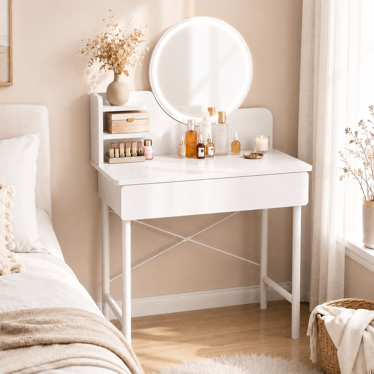 Luxe LED White Makeup Vanity Dressing Table Mirror Storage Shelves