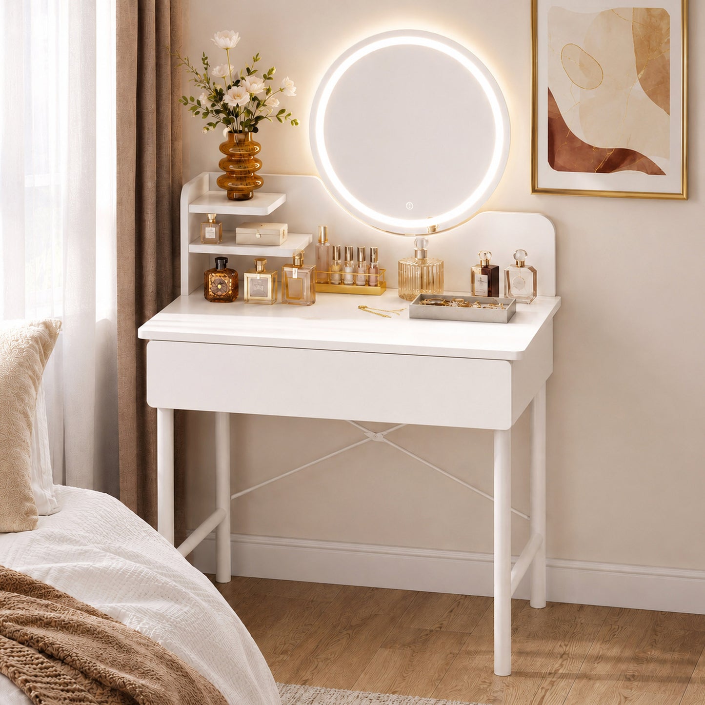 Luxe LED White Makeup Vanity Dressing Table Mirror Storage Shelves