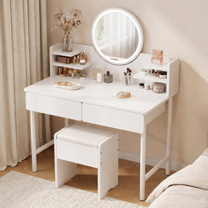 Luxe White Dressing Table LED Mirror Makeup Vanity Drawers Stool Set
