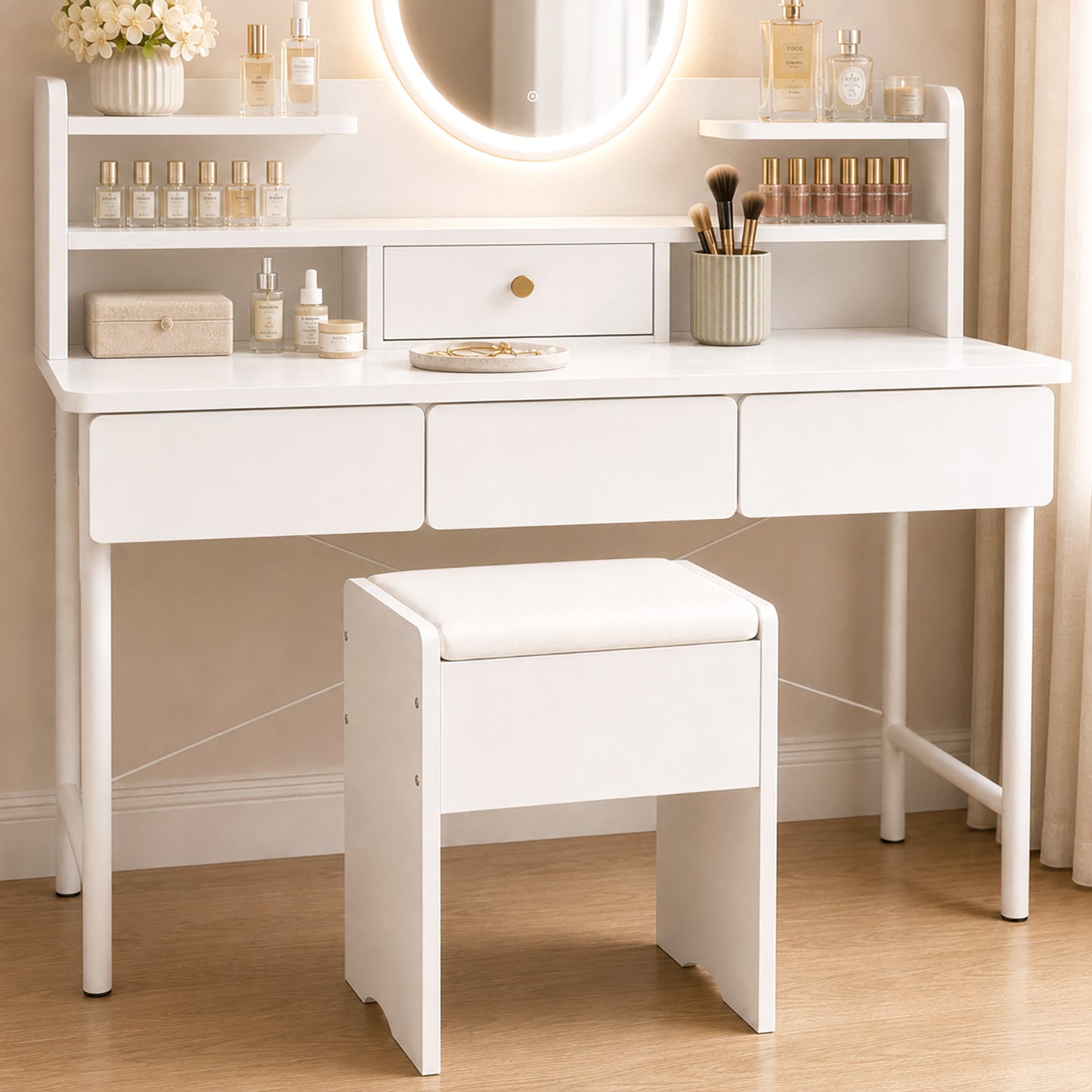 Luxe LED Large Dressing Table LED Mirror Makeup Vanity Drawers Stool Set