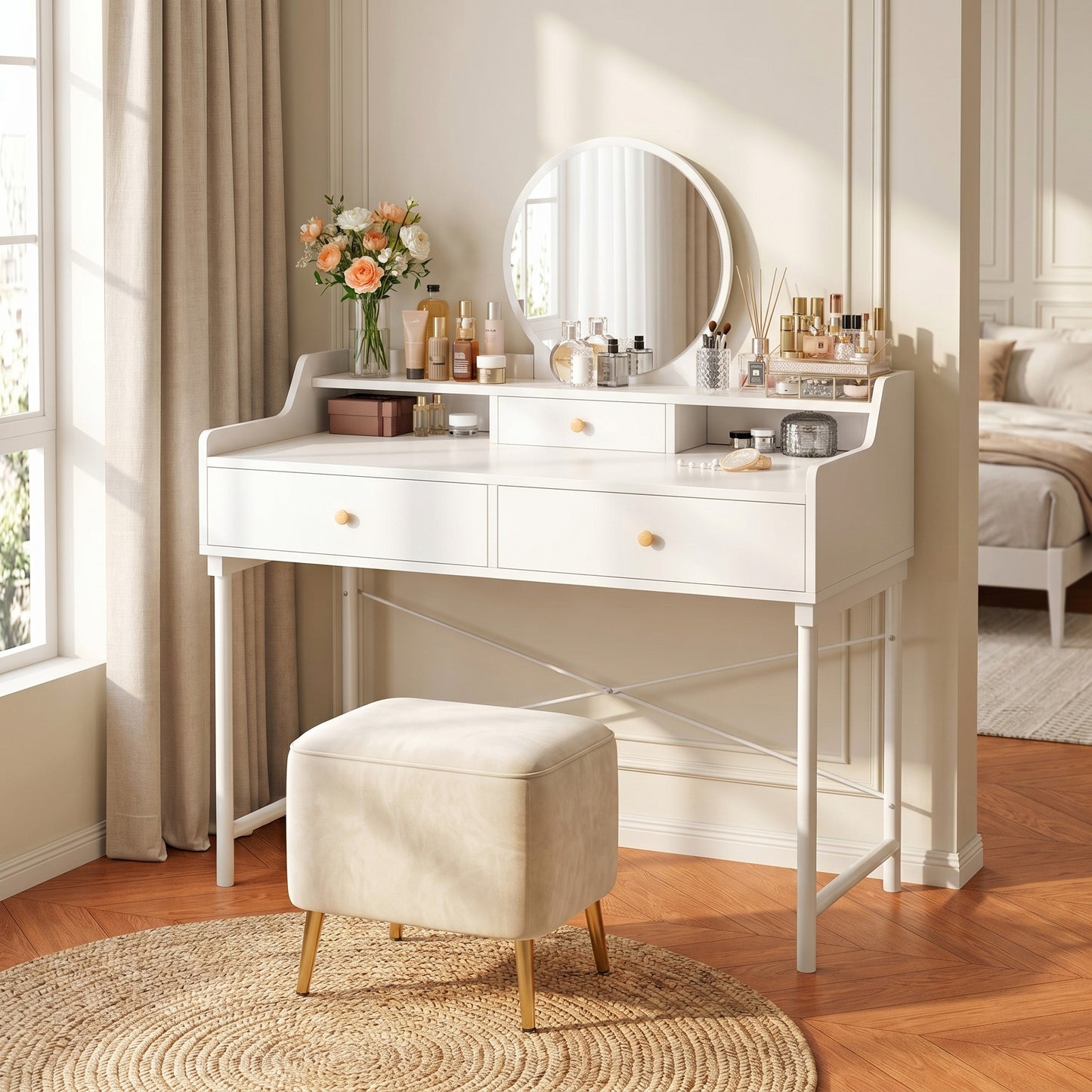 Royale Vanity Dressing Table with Round Mirror and Drawers White