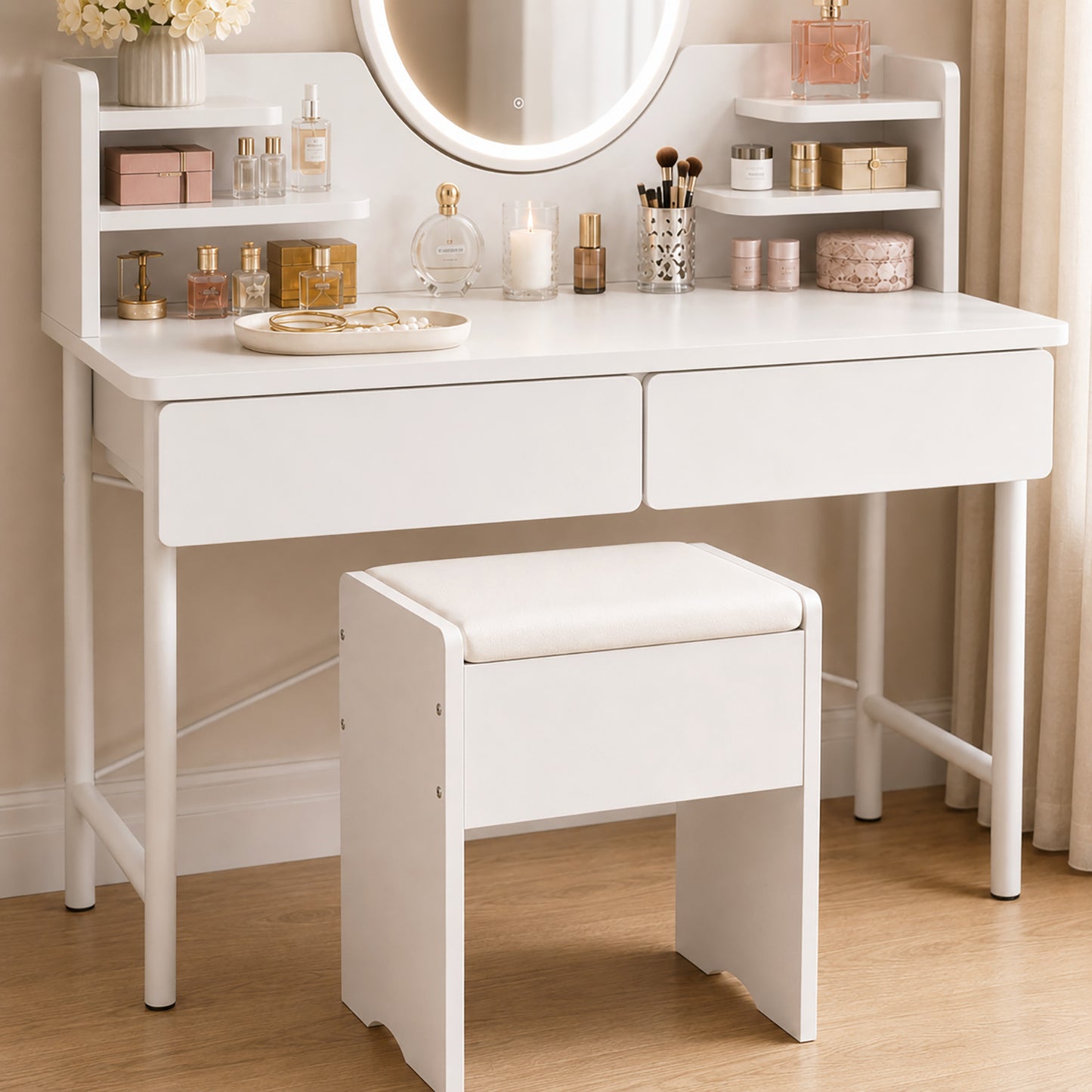 Luxe White Dressing Table LED Mirror Makeup Vanity Drawers Stool Set