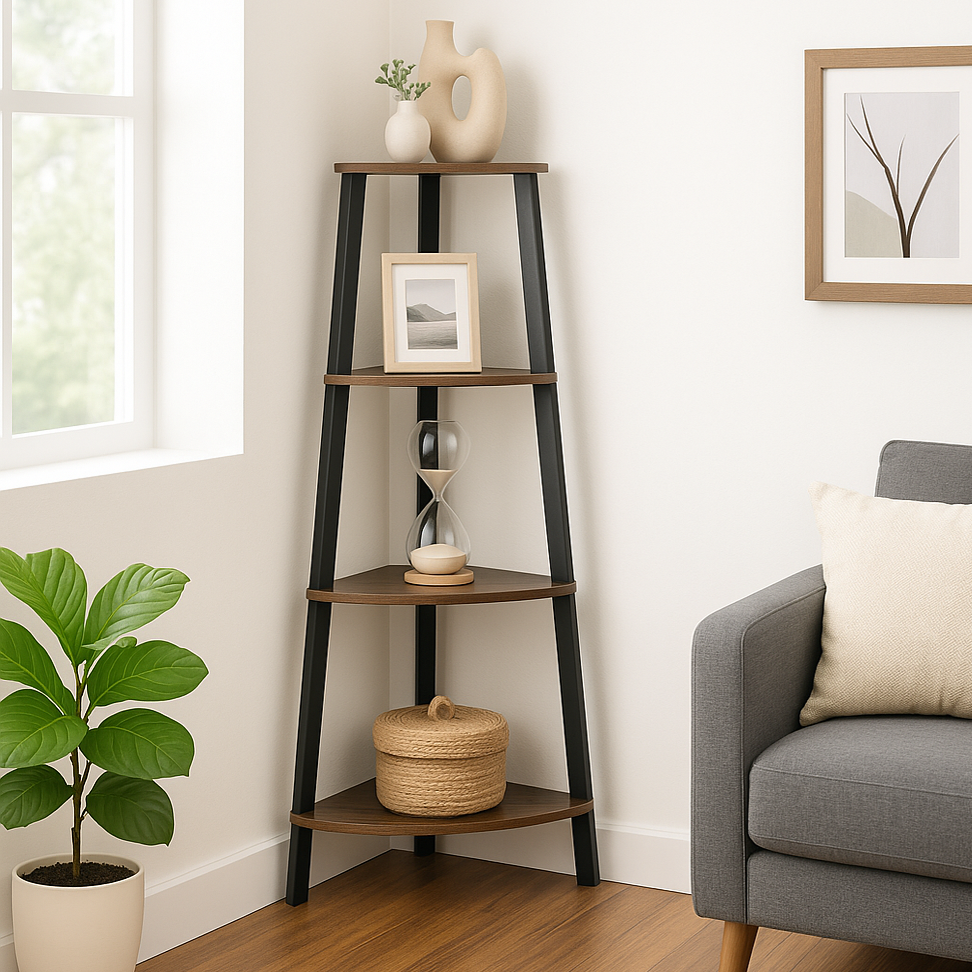 4-Tier Corner Ladder Shelf Unit Rustic Wood & Steel Display Stand Storage Rack