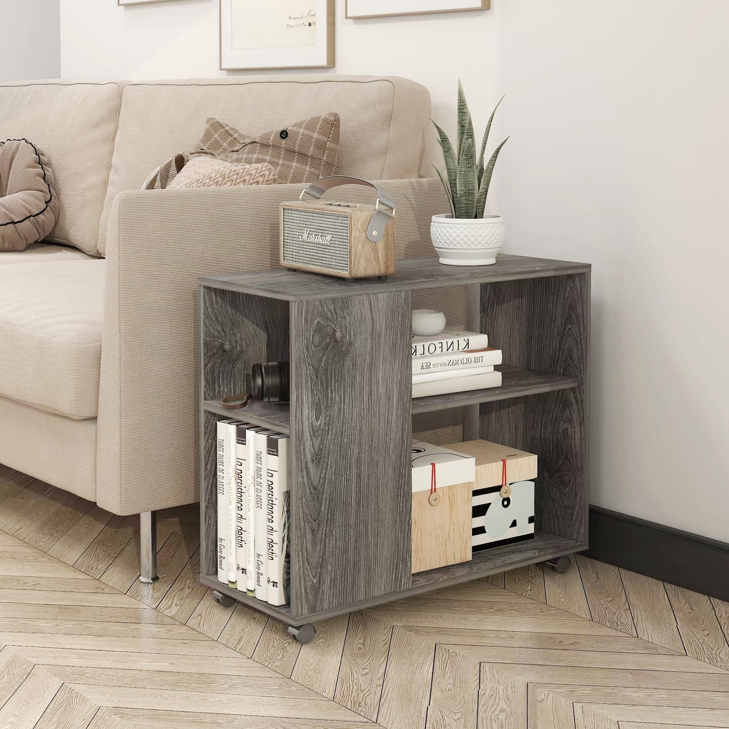 Versatile Sofa Side Table & Magazine Shelf with Casters (Driftwood Grey)