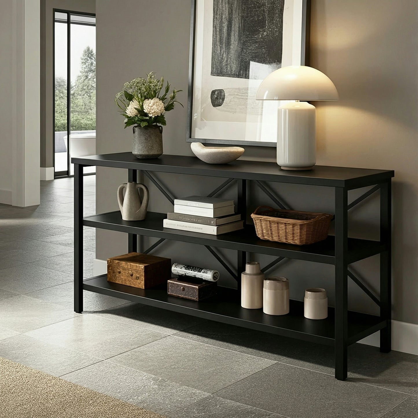 Serenity Industrial Console Table Bookcase TV Stand Storage Shelf Unit (Black)