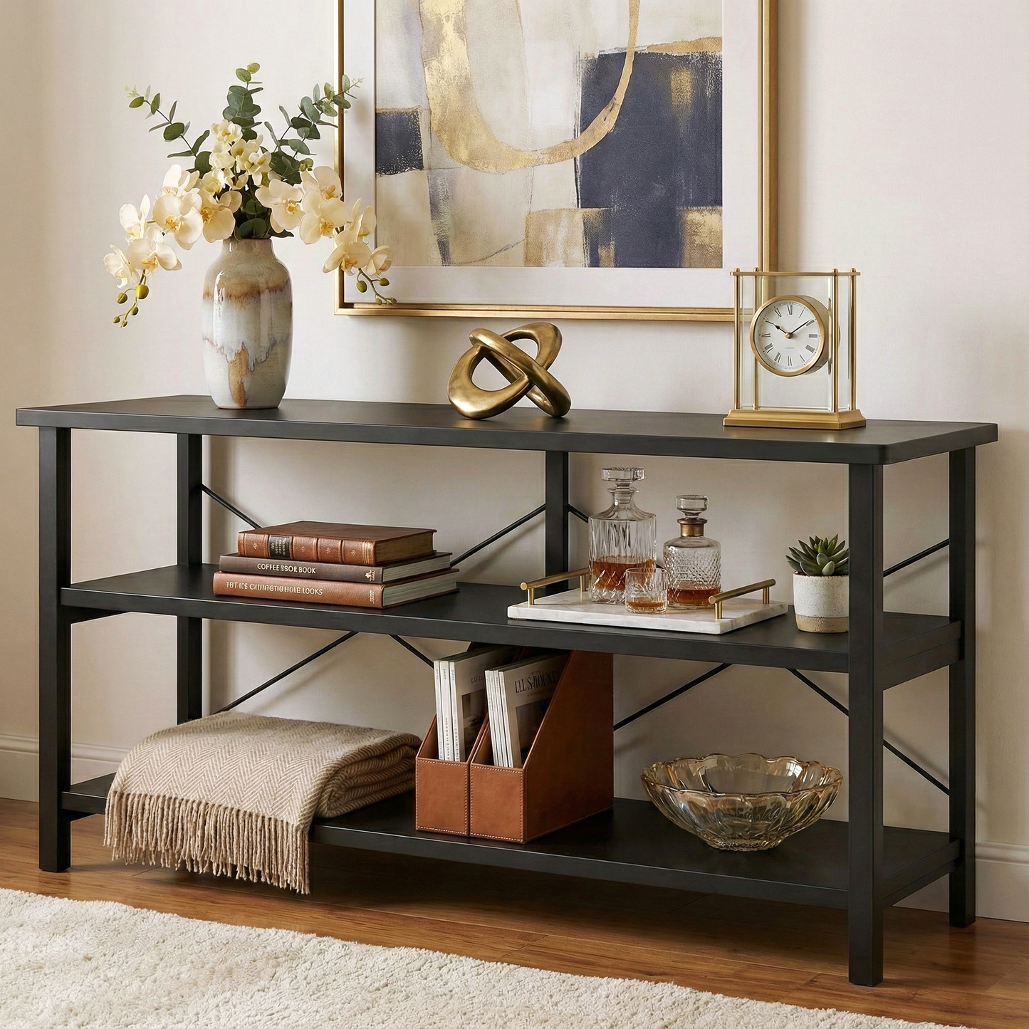 Serenity Industrial Console Table Bookcase TV Stand Storage Shelf Unit (Black)