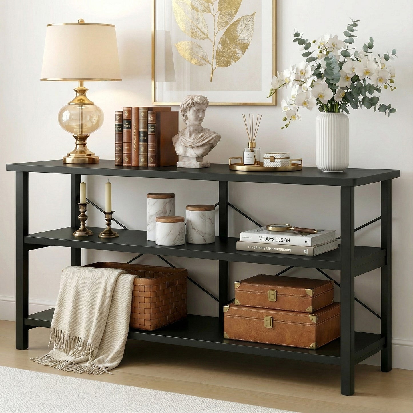 Serenity Industrial Console Table Bookcase TV Stand Storage Shelf Unit (Black)