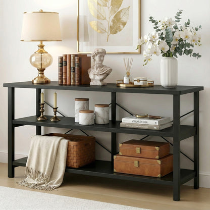Serenity Industrial Console Table Bookcase TV Stand Storage Shelf Unit (Black)