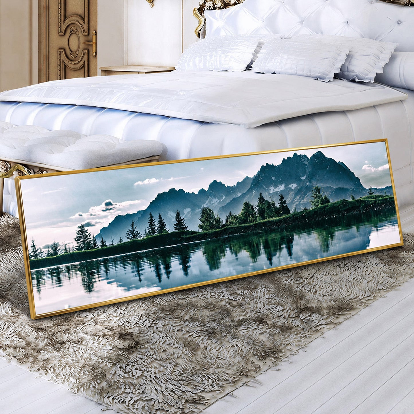 Mountain Lake Landscape Painting Long Canvas Framed Wall Art - 100cm x 30cm