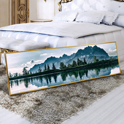 Mountain Lake Landscape Painting Long Canvas Framed Wall Art - 100cm x 30cm