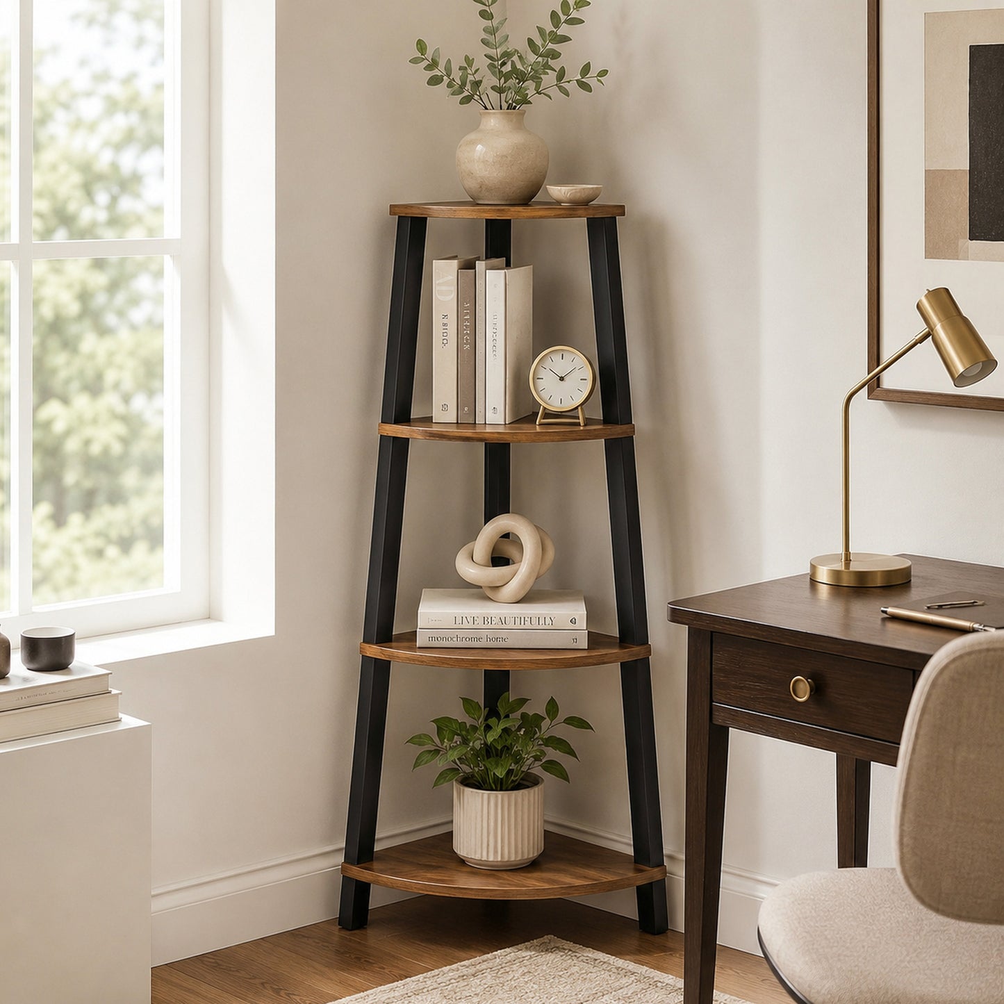4-Tier Corner Ladder Shelf Unit Rustic Wood & Steel Display Stand Storage Rack
