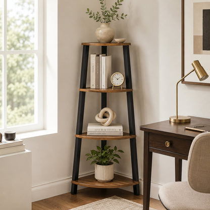 4-Tier Corner Ladder Shelf Unit Rustic Wood & Steel Display Stand Storage Rack