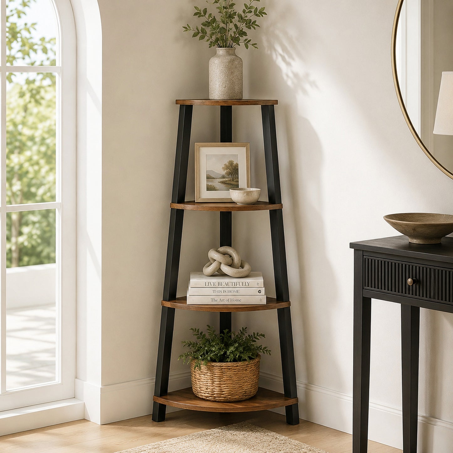 4-Tier Corner Ladder Shelf Unit Rustic Wood & Steel Display Stand Storage Rack