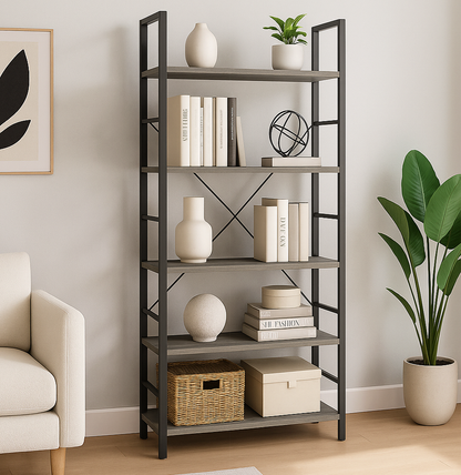 5 Tier Multifunction Heavy Duty Bookcase Wood & Steel Storage Shelf Organizer (Driftwood Grey)