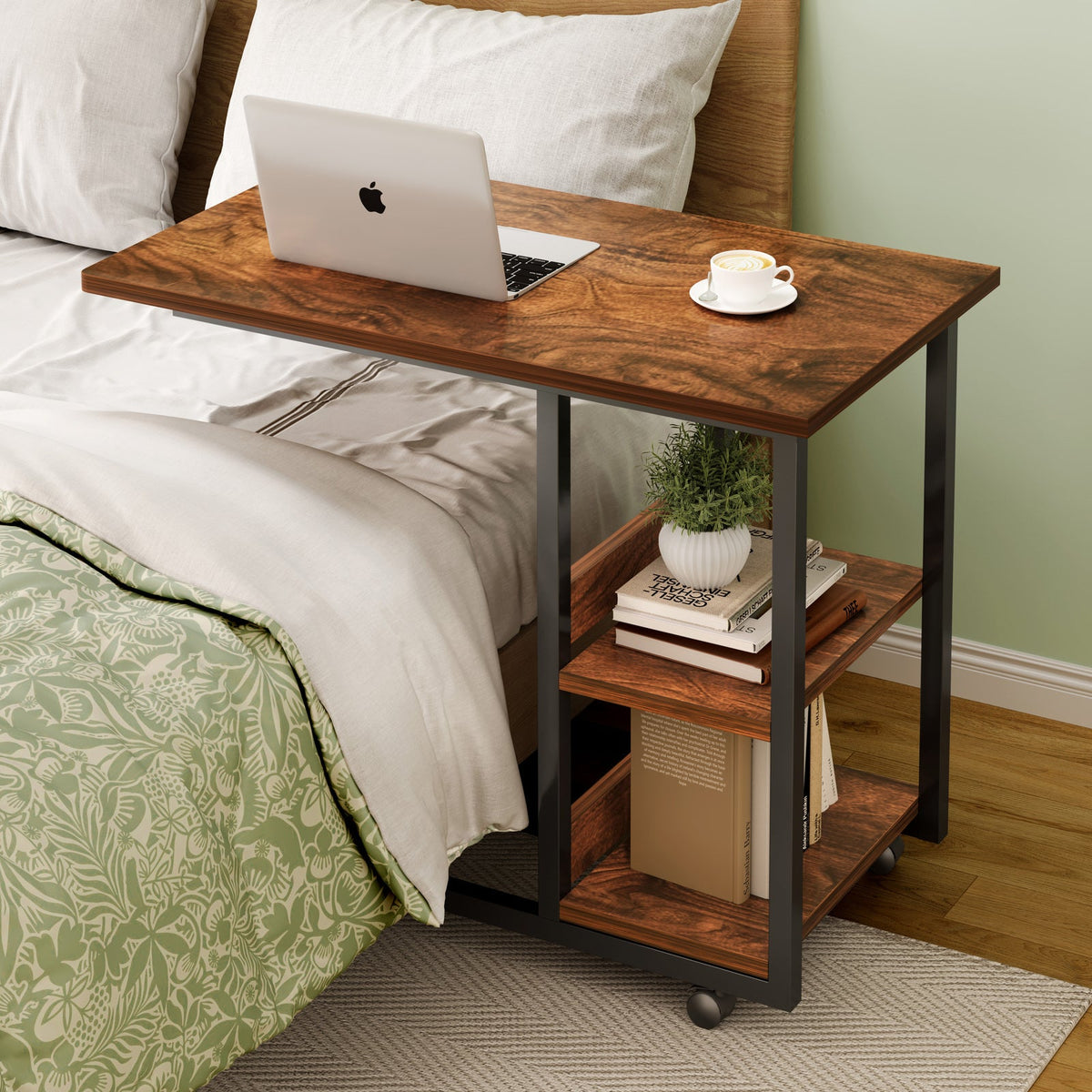 Supreme Sofa Bed Side Table Laptop Desk with Shelves & Wheels (Rustic