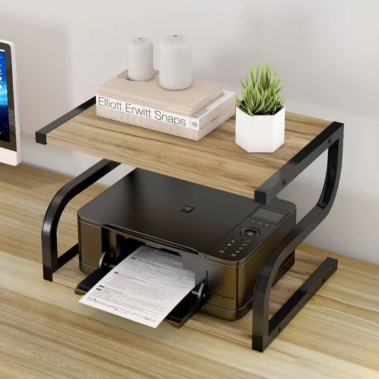 Deluxe Rustic Oak Desktop Shelf Wood & Steel Printer Stand Storage Rack Organizer