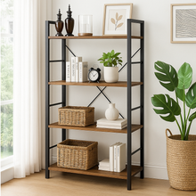 Multifunction Bookcase 4 Tier Rustic Wood & Steel Storage Shelf Organizer