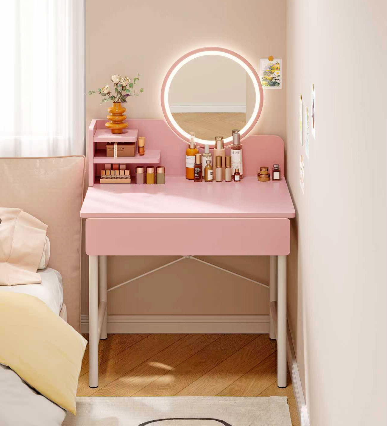 LED Mirror Makeup Vanity Dressing Table Pink Desk with Drawer Storage