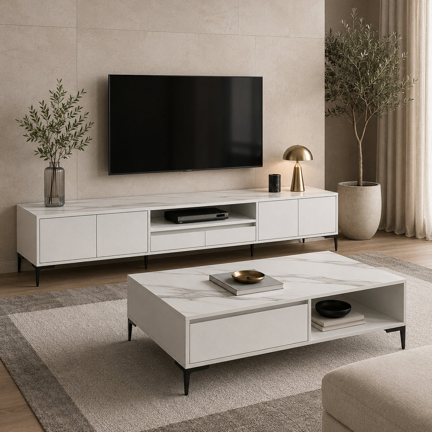 2-Piece Set Minimalist Large Coffee Table & 2m TV Cabinet
