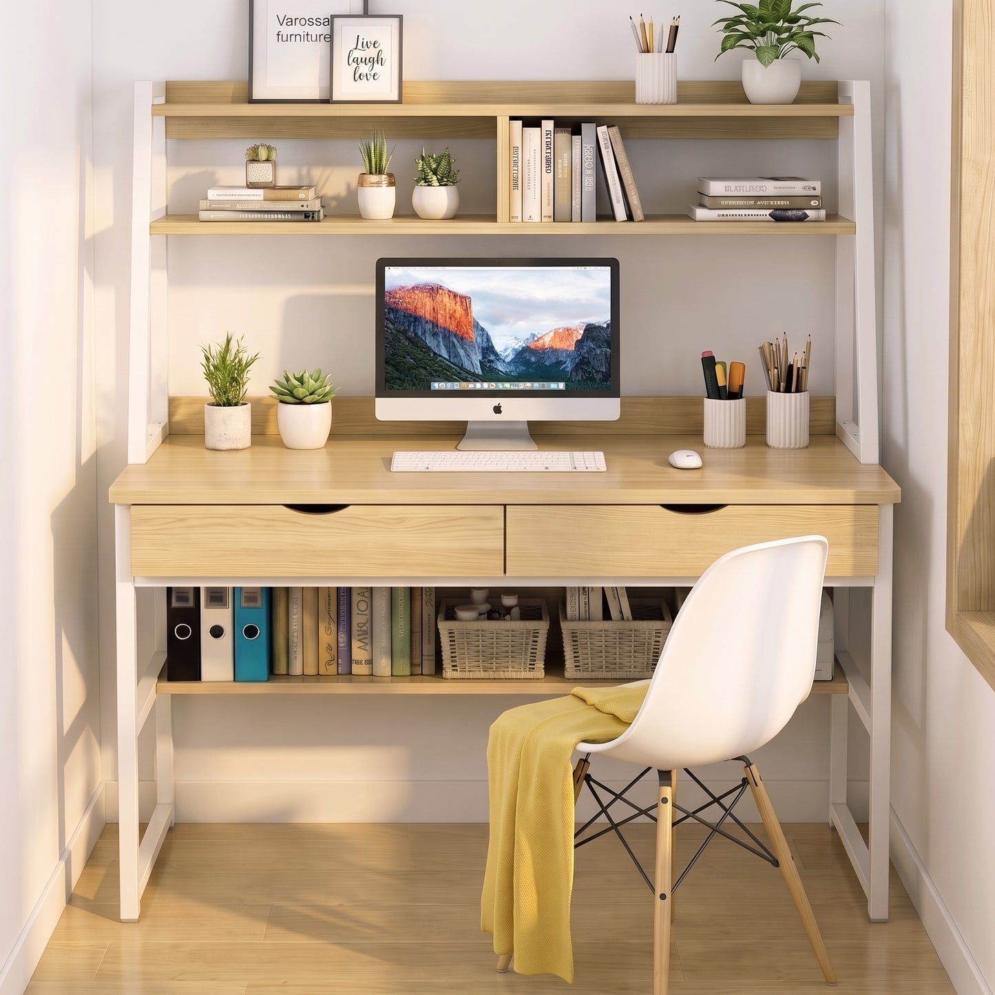 Enterprise Large Computer Desk Workstation with Shelves & Drawers (Natural Oak)