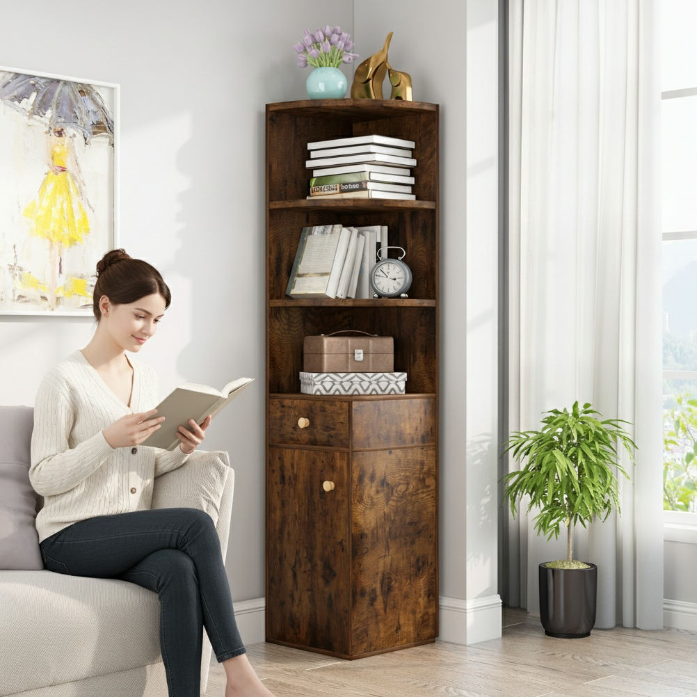 Vision Stylish Rustic Wooden Corner Shelf Unit with Cabinet & Drawer