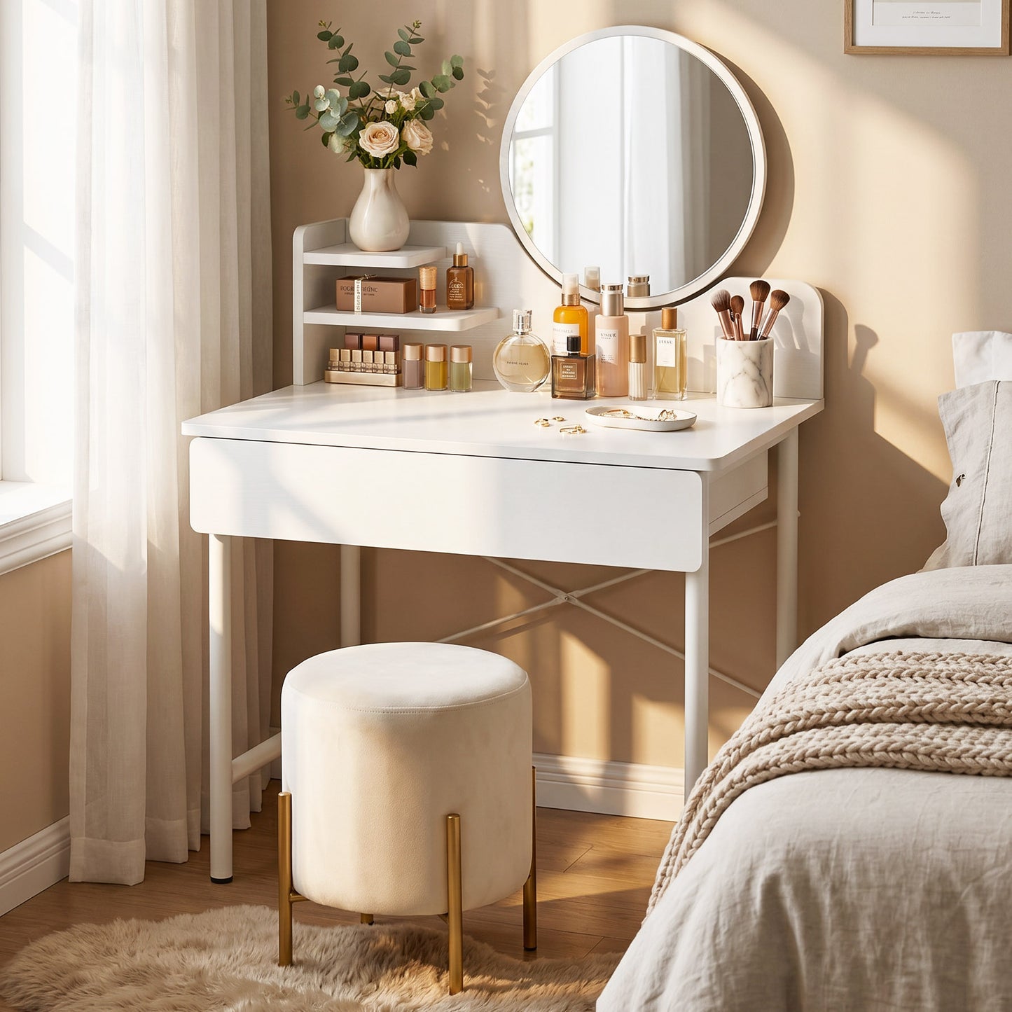 Luxe Dresser Makeup Vanity Dressing Table with Round Mirror Drawer White