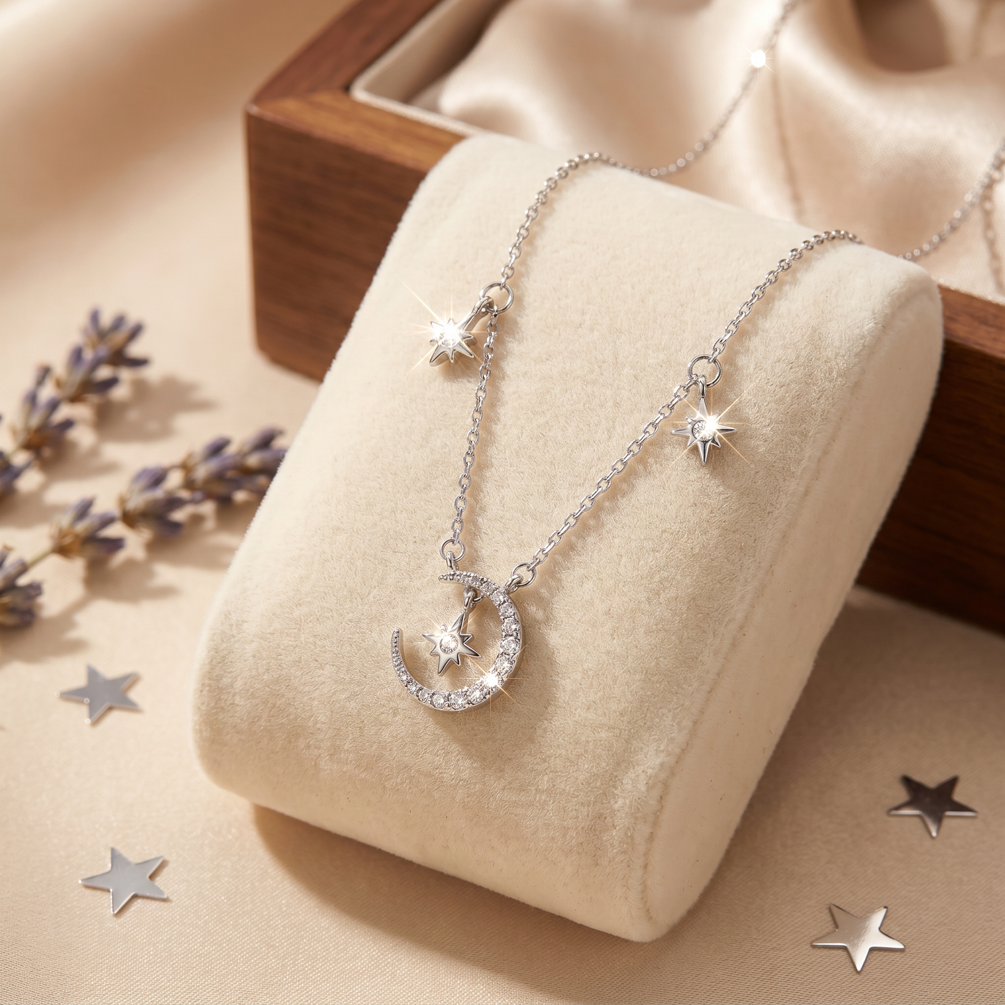 S925 Sterling Silver Moon & Stars CZ Diamond Pendant Necklace