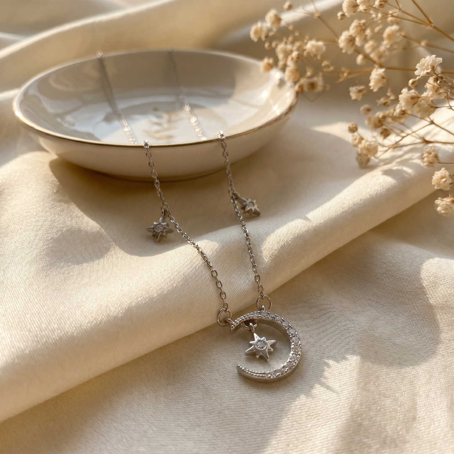 S925 Sterling Silver Moon & Stars CZ Diamond Pendant Necklace