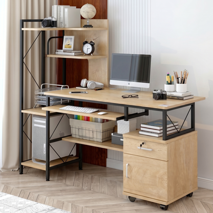 Prime Multi-function Computer Desk Workstation with Shelves & Cabinet (Coastal Oak)