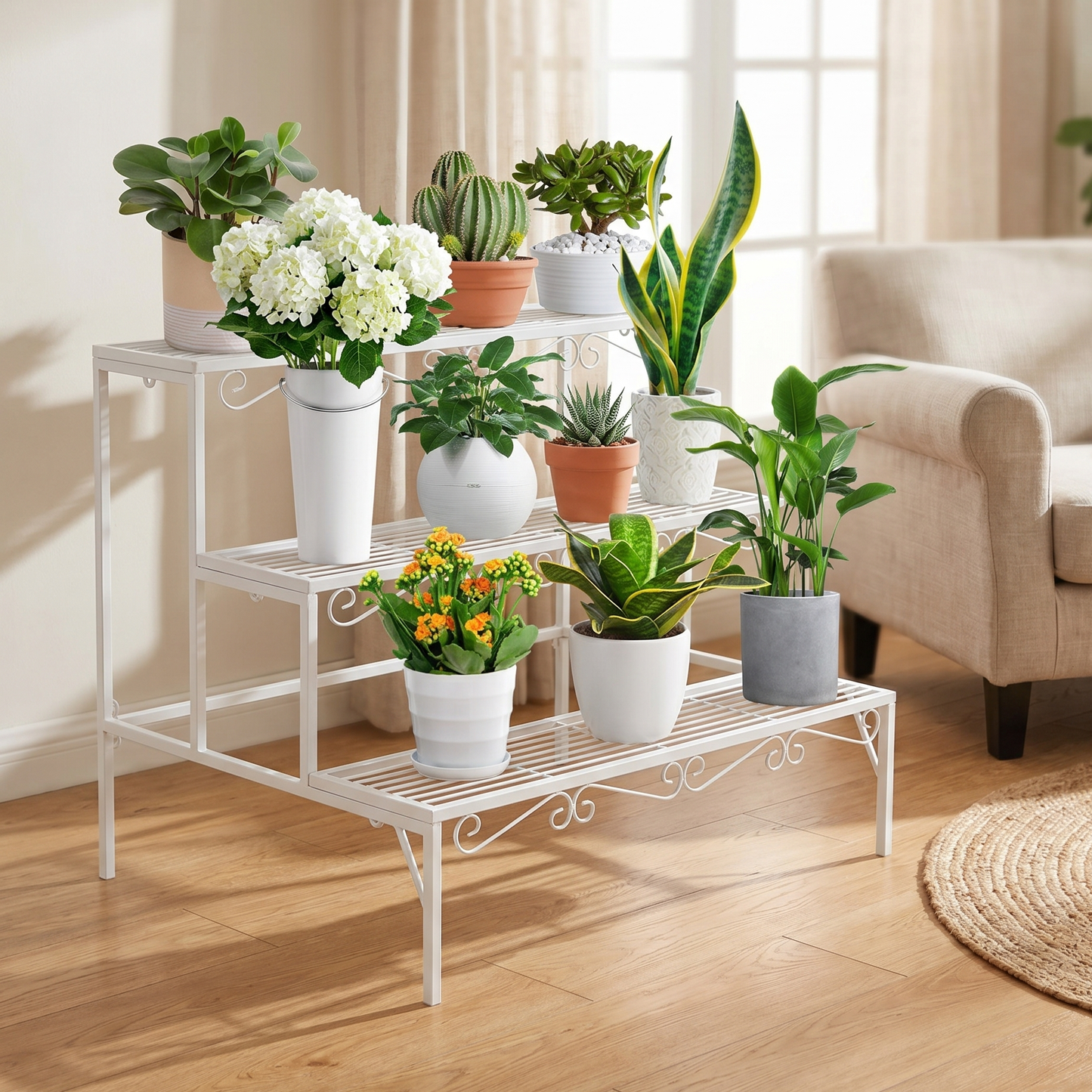 3-tier Metal Garden Plant Stand Shelf Display Rack Flower Pot Holder Storage Organizer (White)