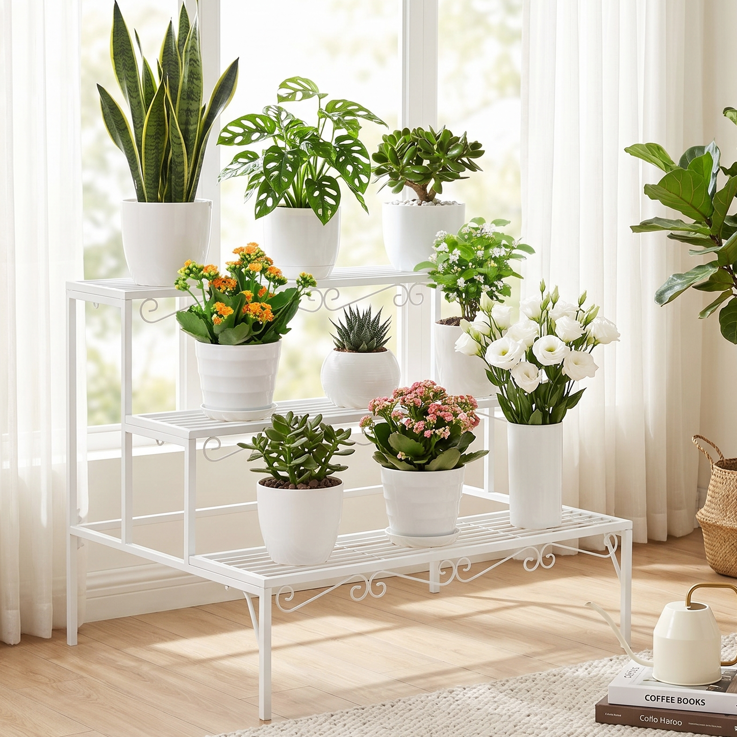 3-tier Metal Garden Plant Stand Shelf Display Rack Flower Pot Holder Storage Organizer (White)