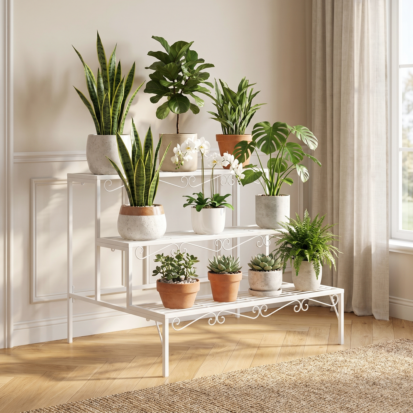 3-tier Metal Garden Plant Stand Shelf Display Rack Flower Pot Holder Storage Organizer (White)